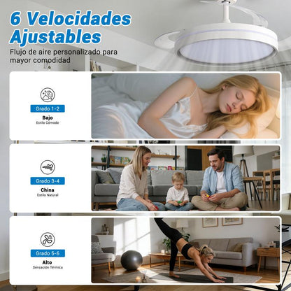 Ventilador de Techo con Luz LED y Aspas Plegables - Silencioso, Inteligente y Multifunción